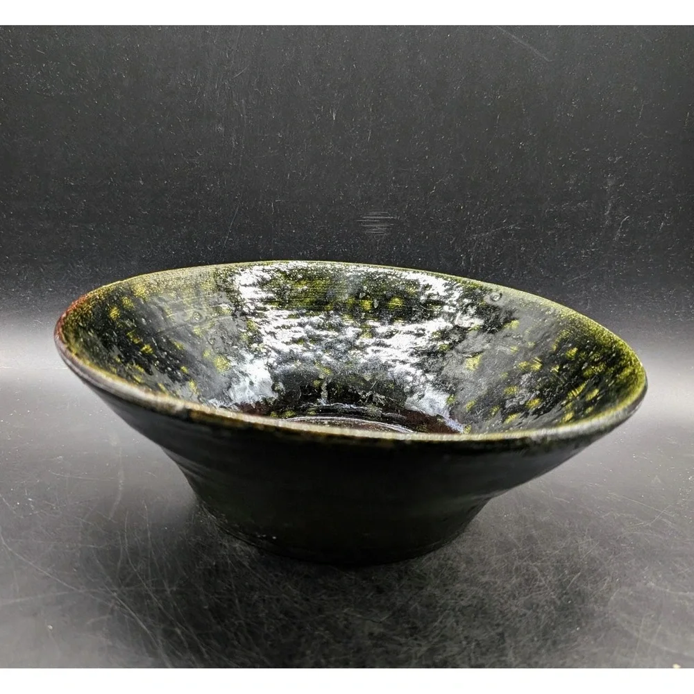 Vintage 1997 Signed Studio Pottery Bowl Black Green Raku Glaze Signed Bo 10